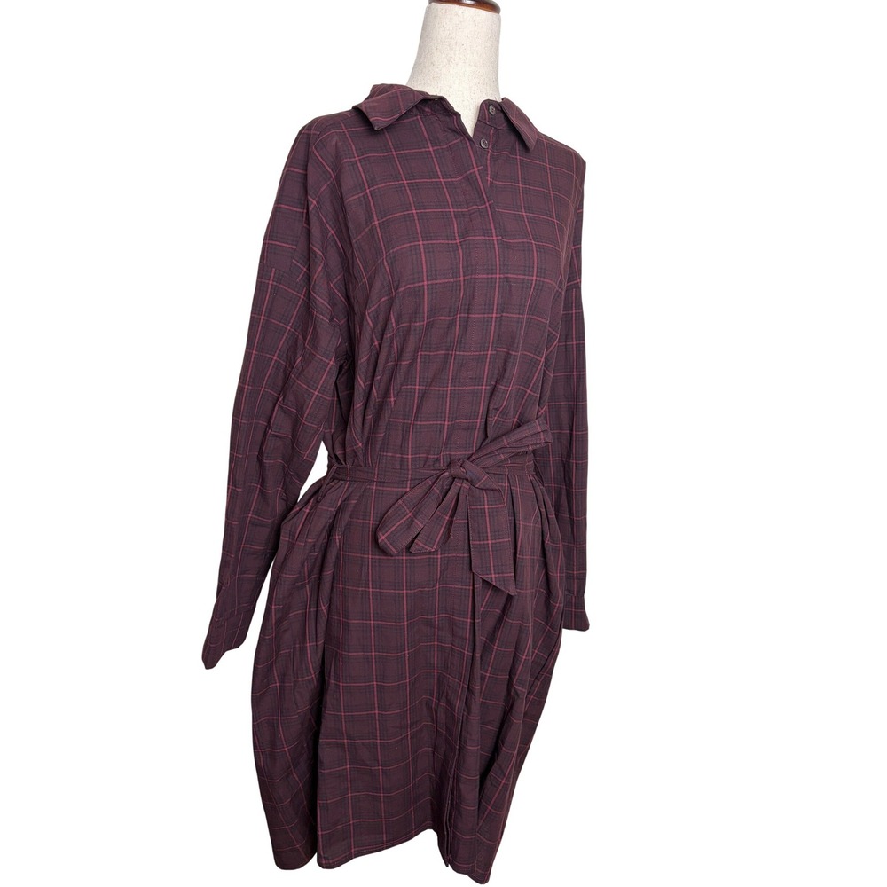 Maison Anana Womens Burgundy Plaid Cotton Long Sleeve Belted Shirt Dress Size S‎ - Picture 2 of 8